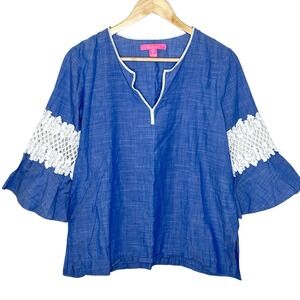 Lilly Pulitzer Lace Trim Chambray Top Blue Womens Small Nautical Preppy Resort